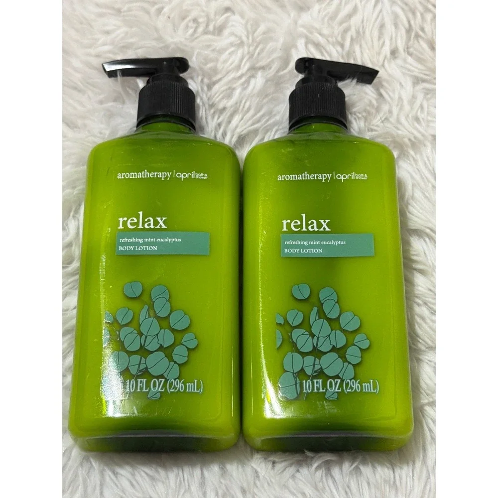 April Bath & Shower Aromatherapy Relax Body Lotion Mint Eucalyptus 10oz Set of 2